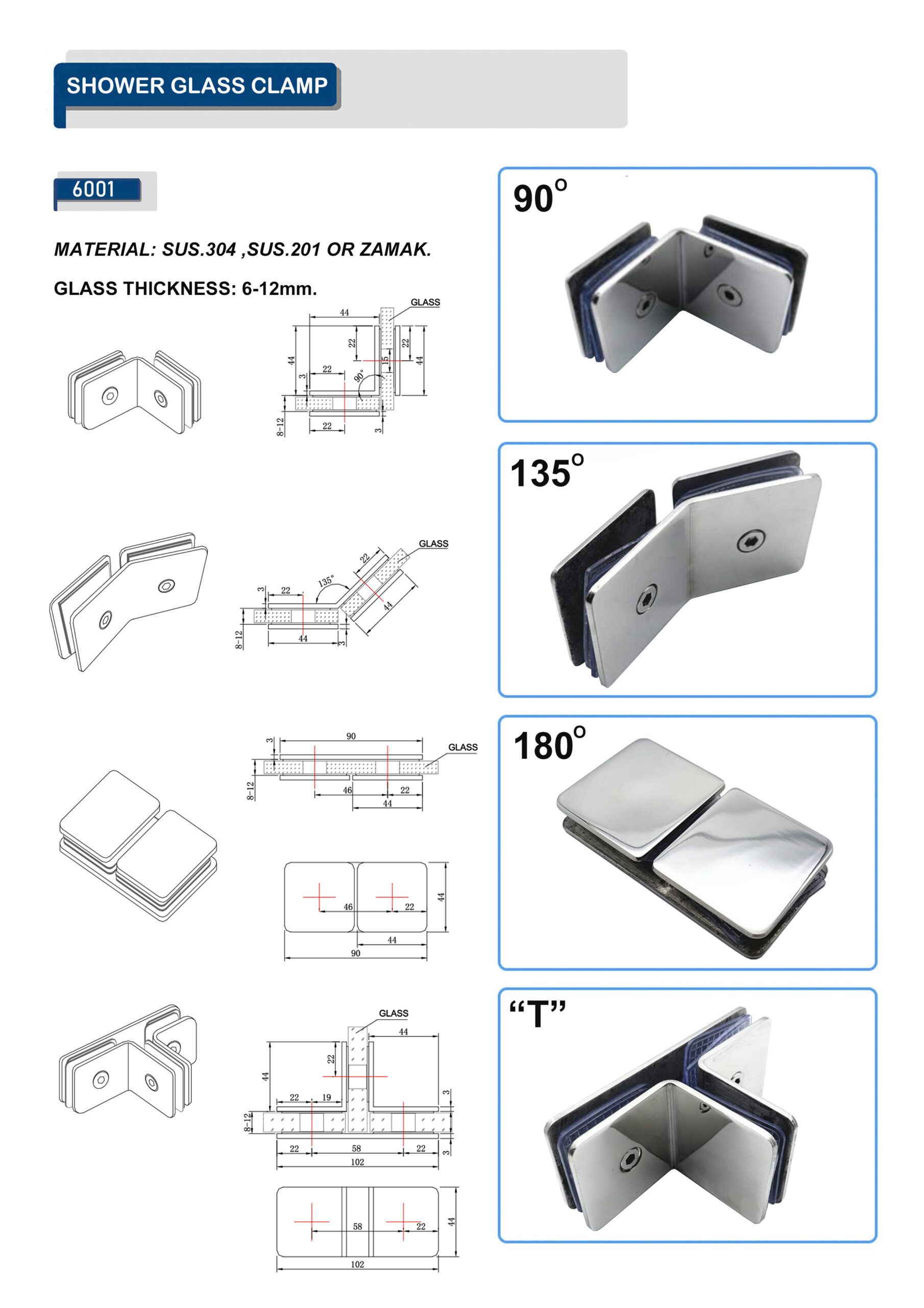 SHOWER GLASS CLAMP ADT-6001 INFO